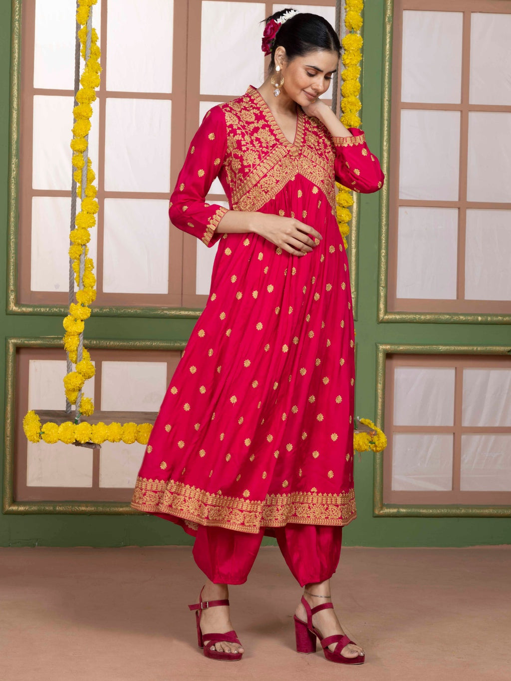 Imperial Fuchsia Kashida Embroidered Salwar Kurta Dupatta Set