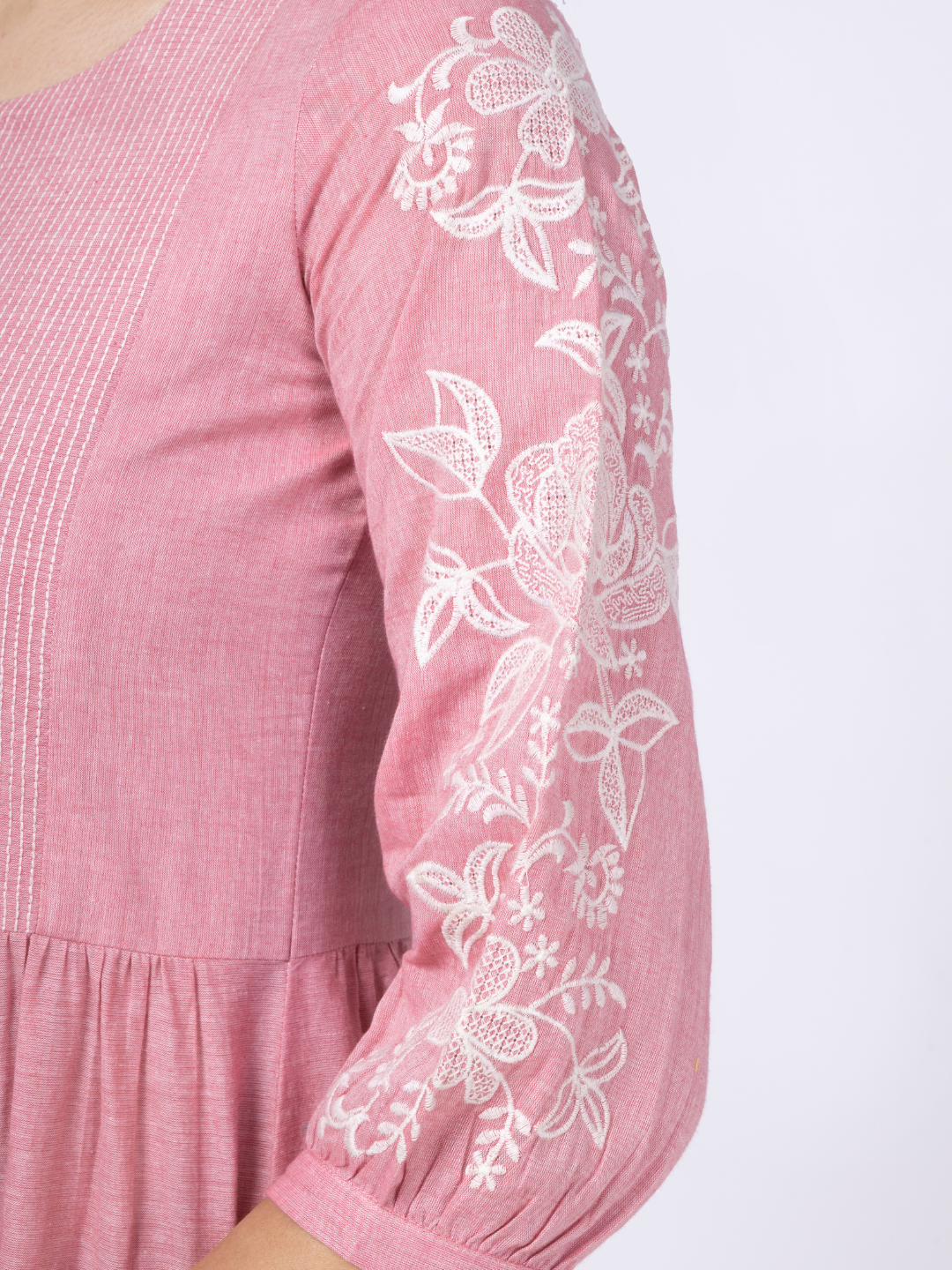 Pink Cotton Tiered Embroidered Dress