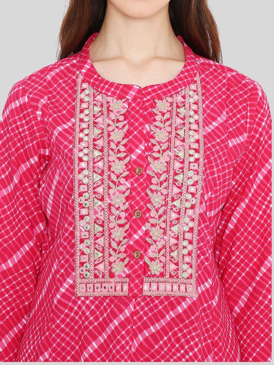 Pink Leheriya Print Kurta with Mirror Work and Yoke Embroidery