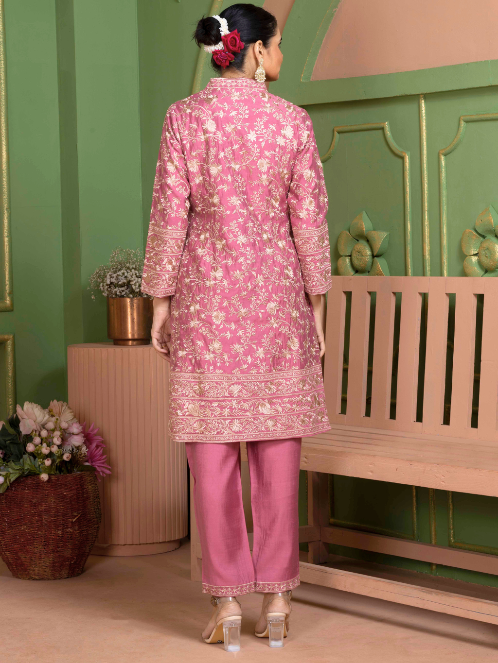 Rose Pink Parsi Gara Embroidery Kurta Set