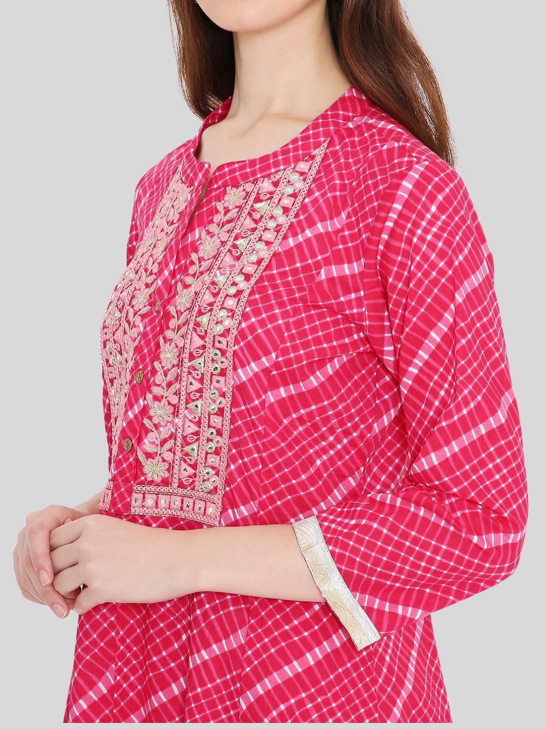 Pink Leheriya Print Kurta with Mirror Work and Yoke Embroidery