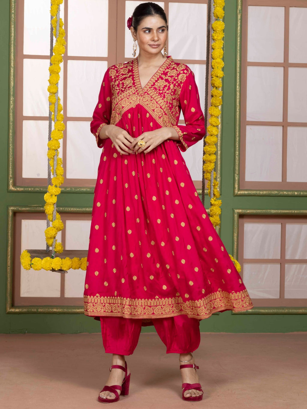 Imperial Fuchsia Kashida Embroidered Salwar Kurta Dupatta Set