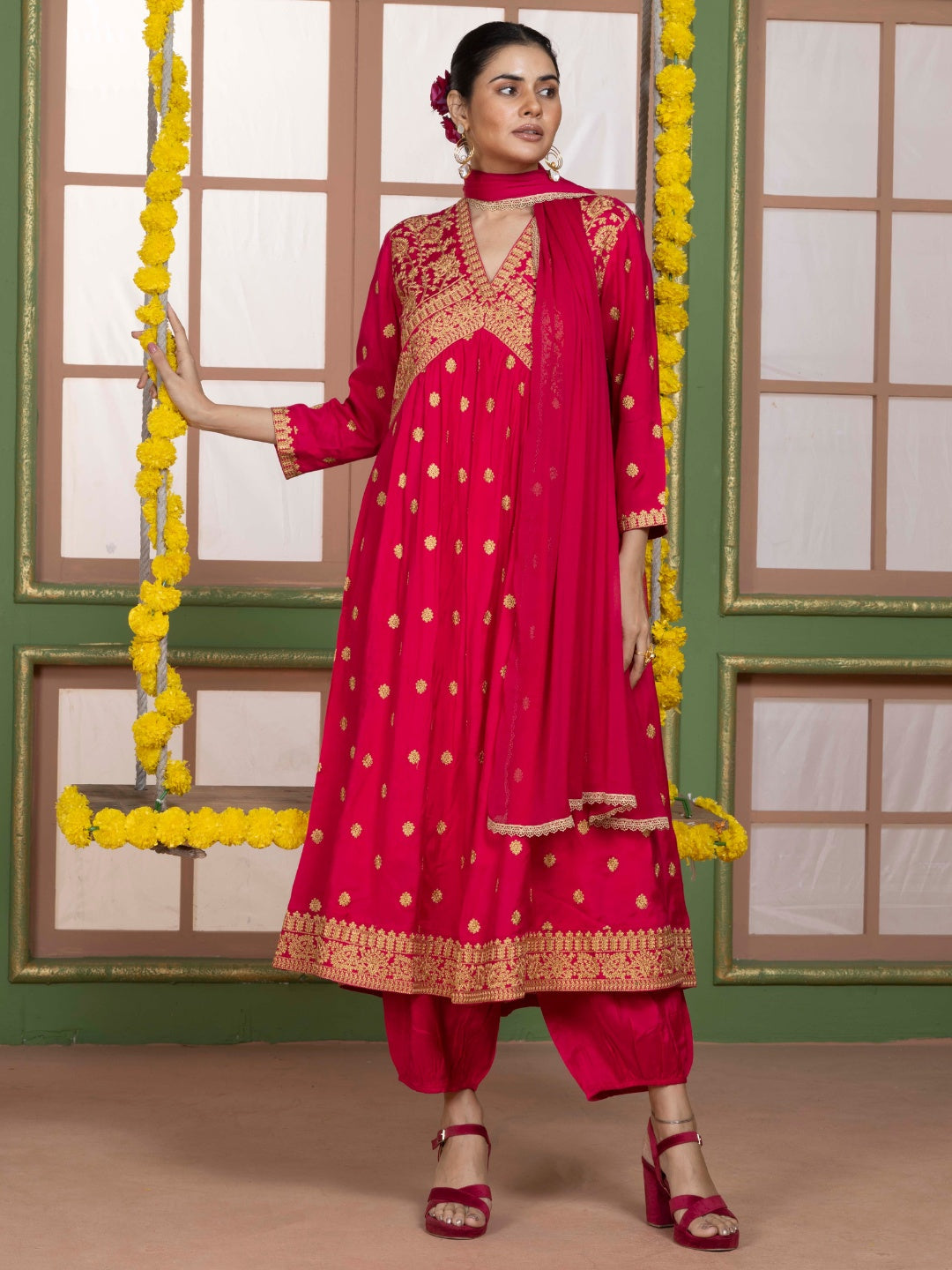 Imperial Fuchsia Kashida Embroidered Salwar Kurta Dupatta Set