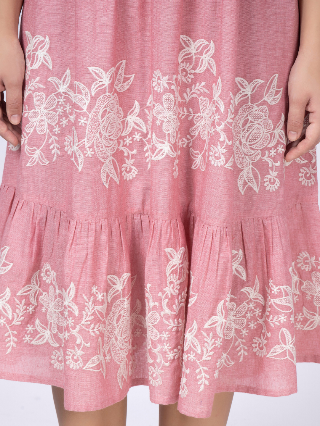 Pink Cotton Tiered Embroidered Dress