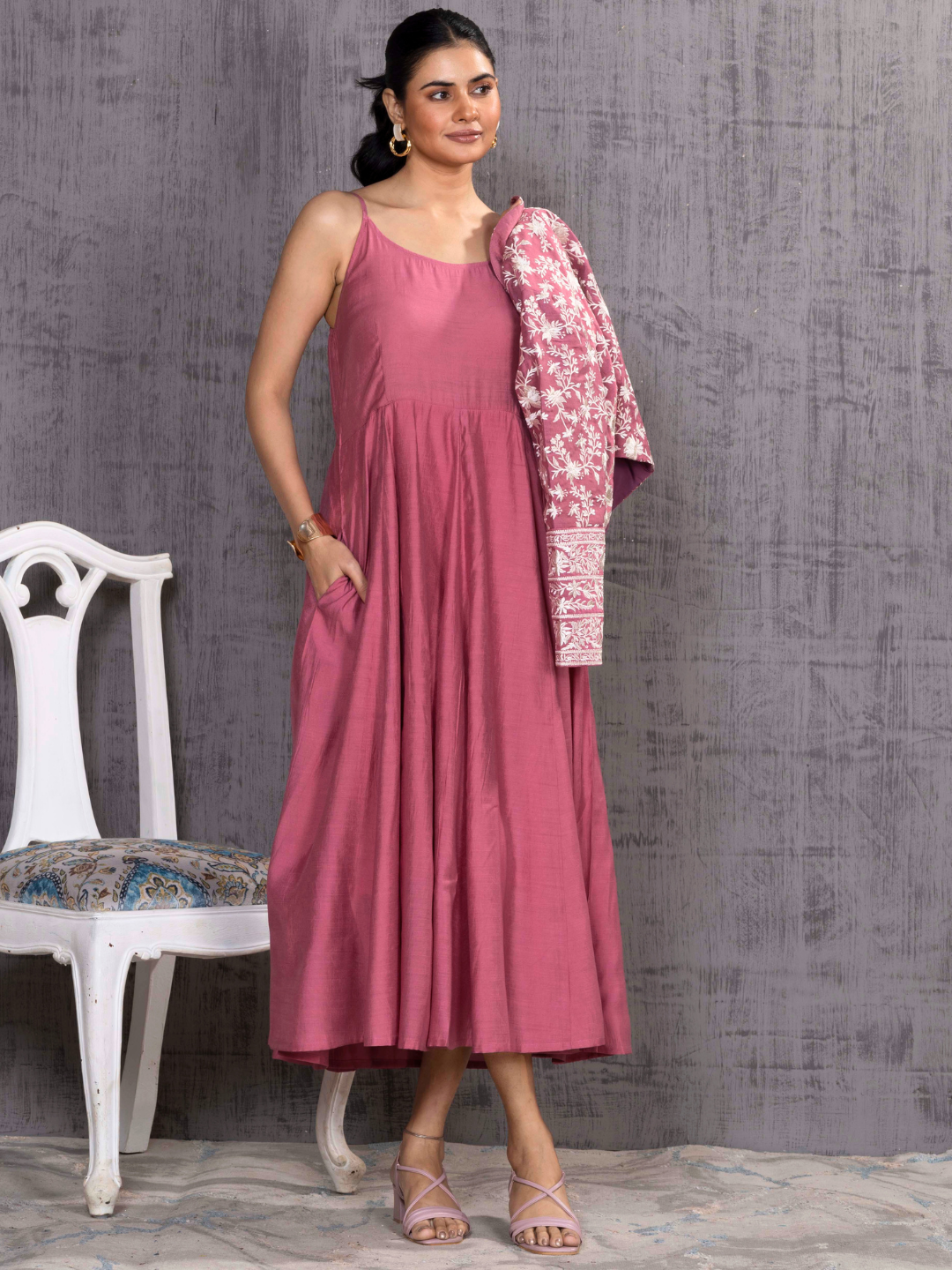 Rose Parsi Gara  Emb Pink Jacket With Dress Set