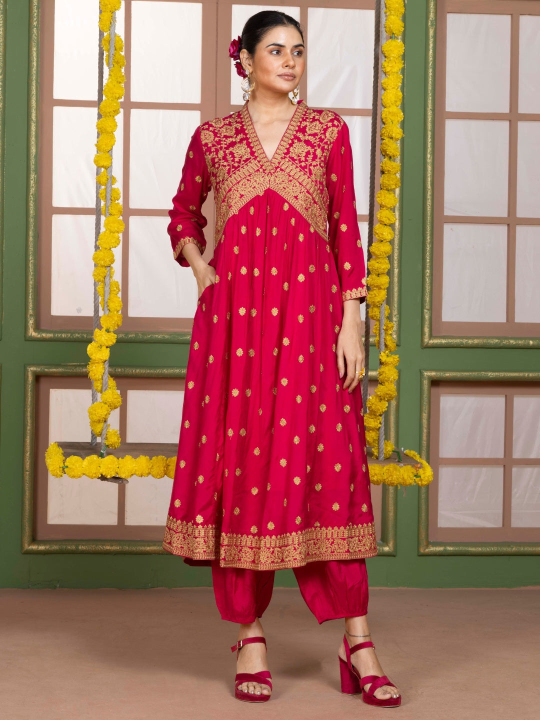 Imperial Fuchsia Kashida Embroidered Salwar Kurta Dupatta Set