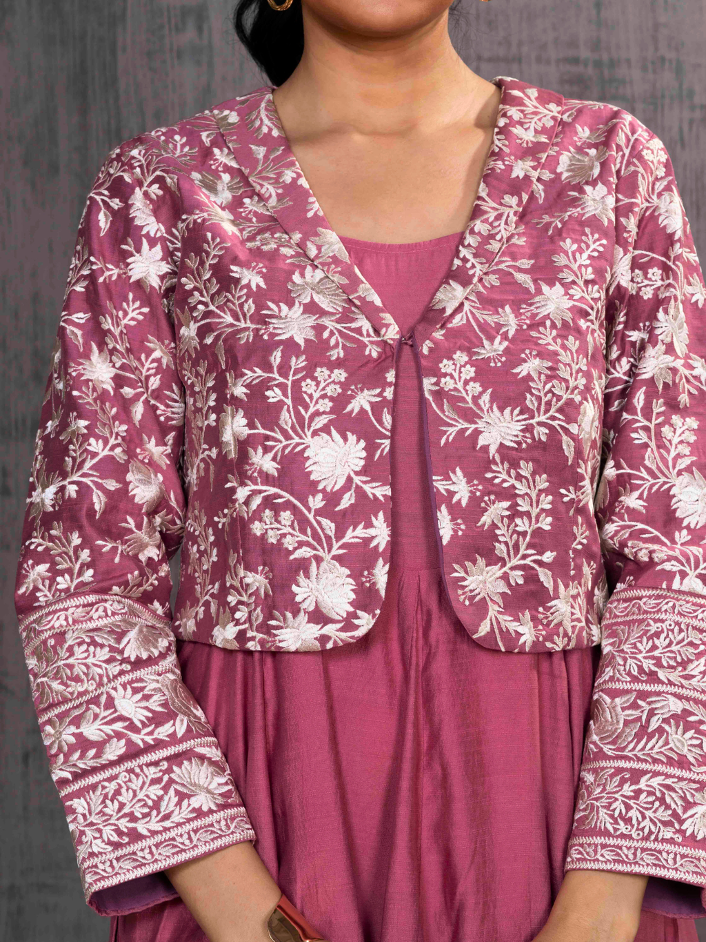 Rose Parsi Gara  Emb Pink Jacket With Dress Set
