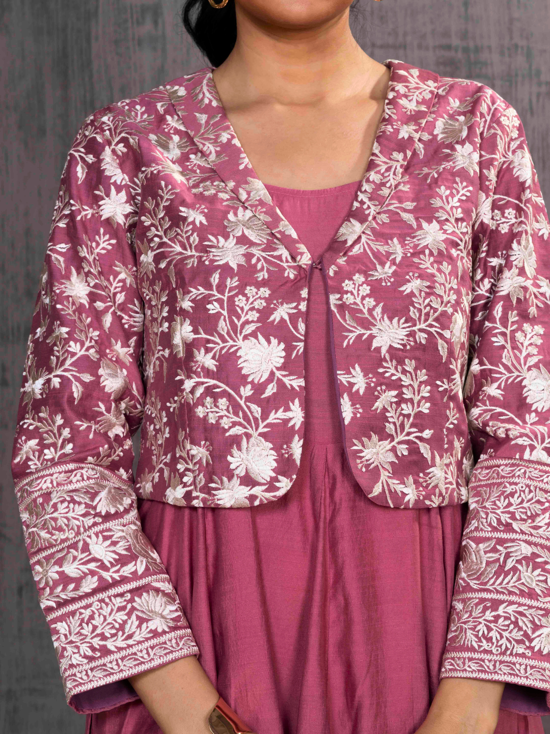 Rose Parsi Gara  Emb Pink Jacket With Dress Set