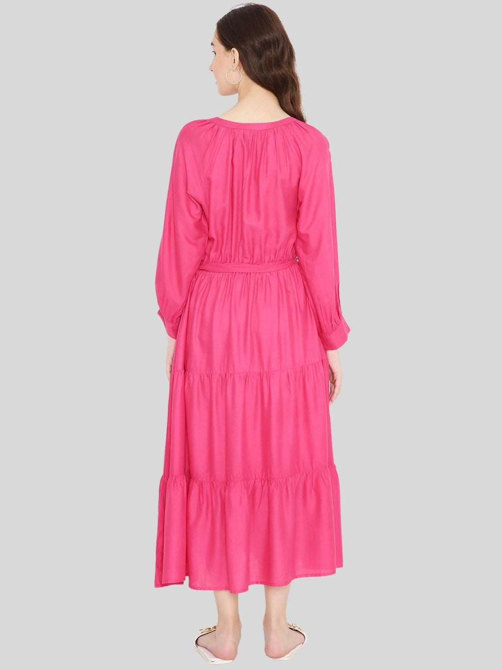 Pink Boho Tiered Midi Dress with Waist Belt