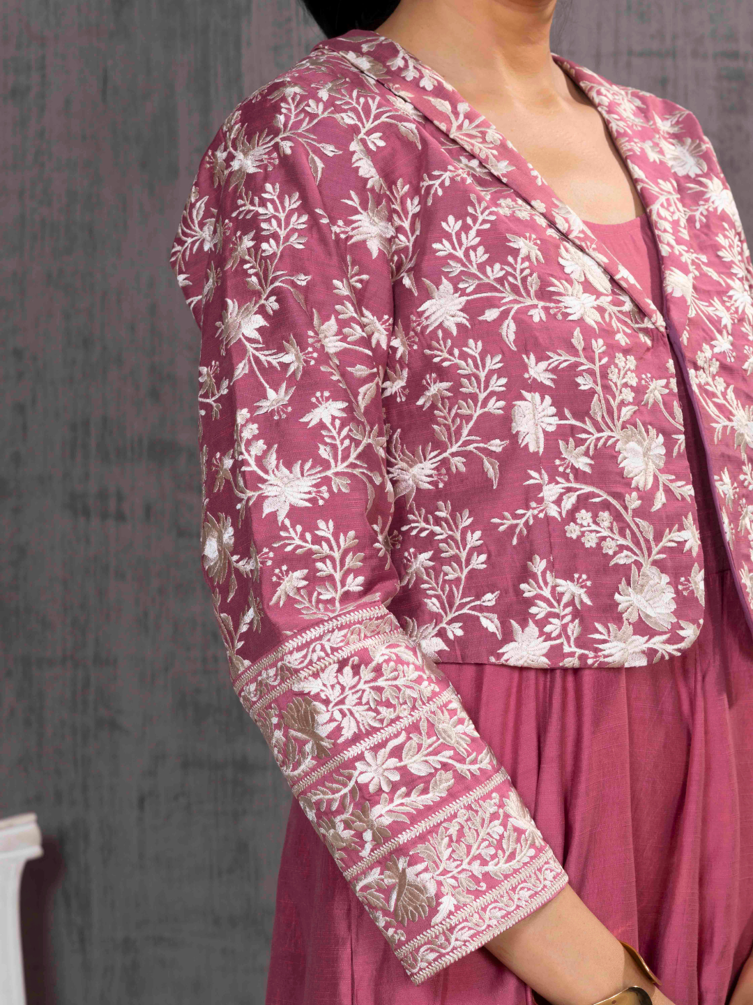 Rose Parsi Gara  Emb Pink Jacket With Dress Set
