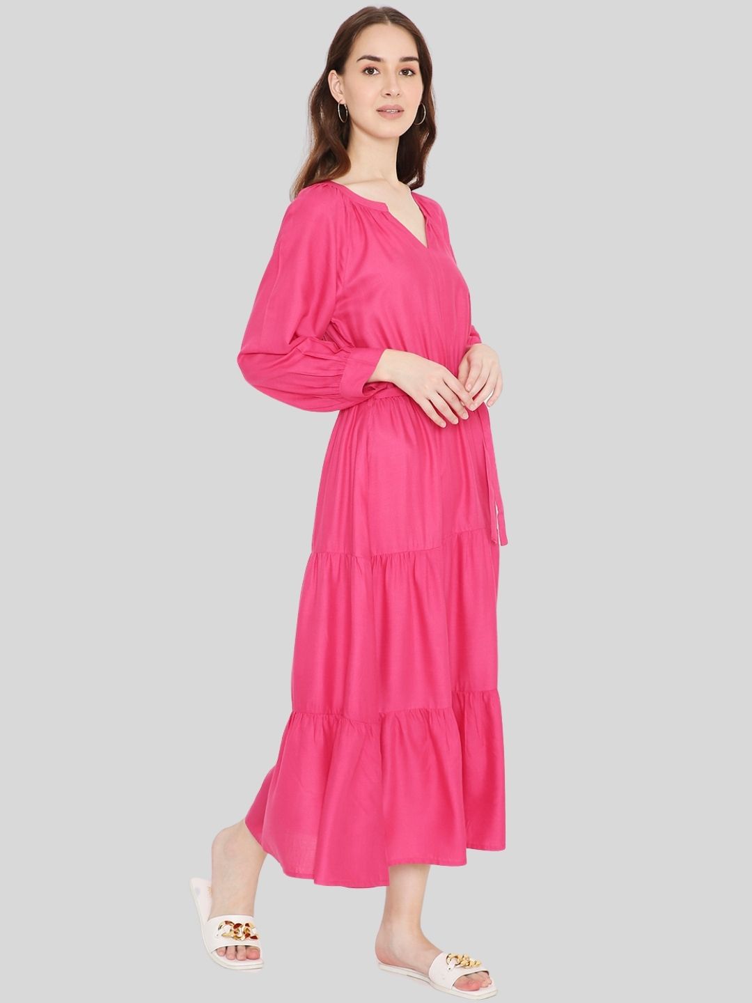 Pink Boho Tiered Midi Dress with Waist Belt