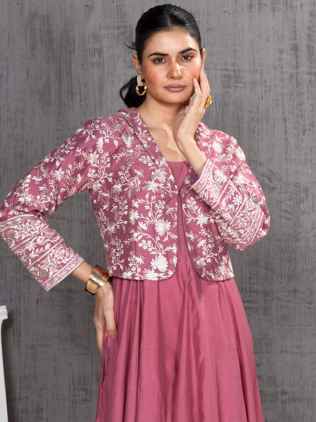 Rose Parsi Gara  Emb Pink Jacket With Dress Set