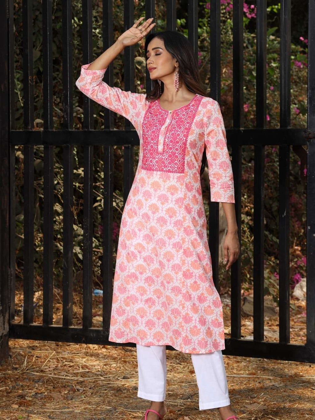 White-Pink Lotus Print Kurta with Yoke Embroidery