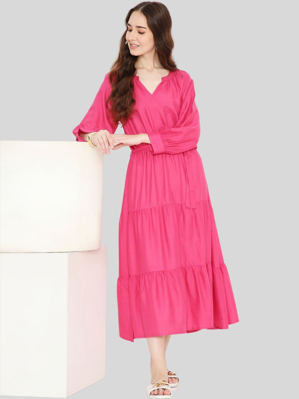 Pink Boho Tiered Midi Dress with Waist Belt