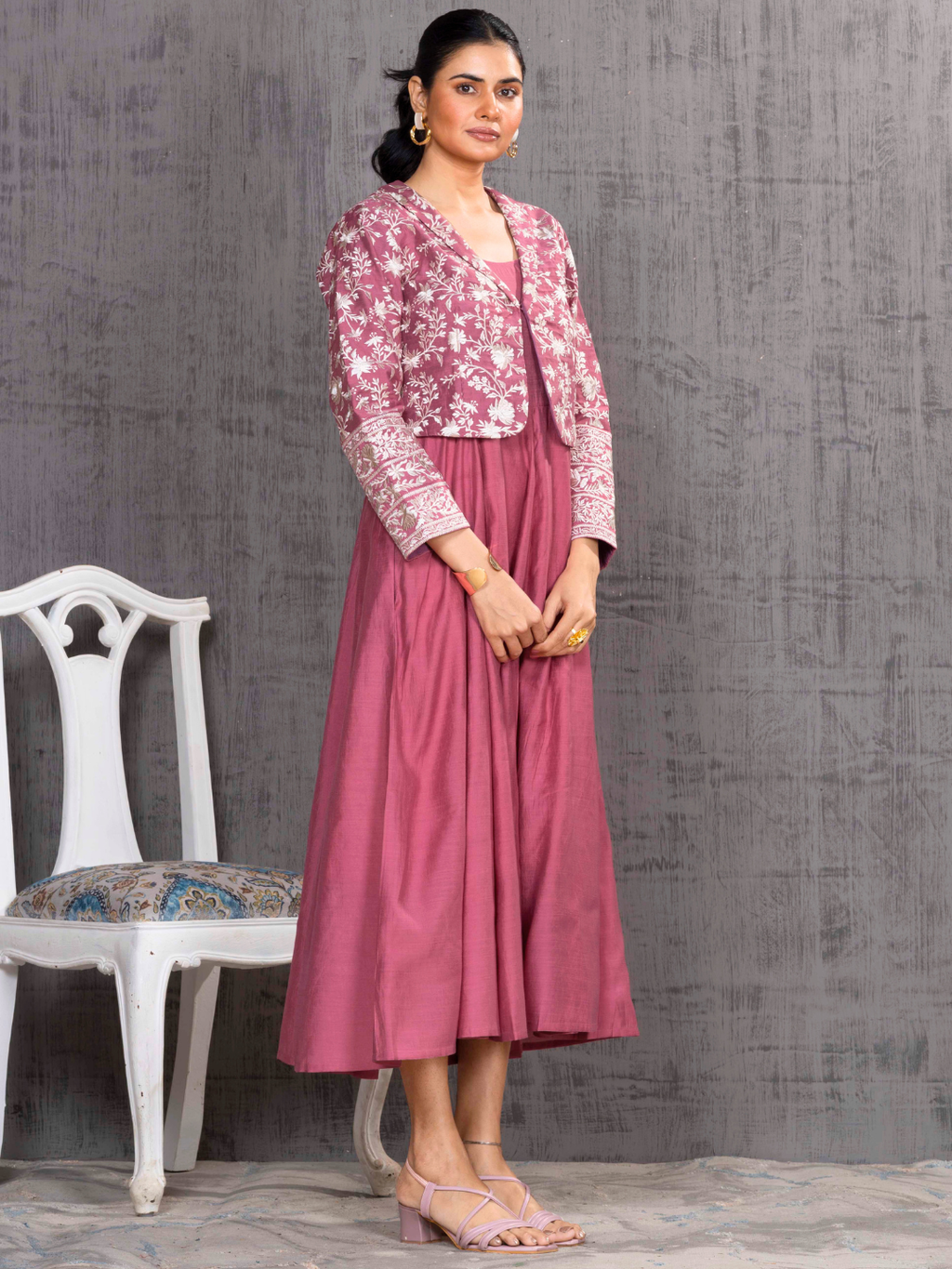 Rose Parsi Gara  Emb Pink Jacket With Dress Set