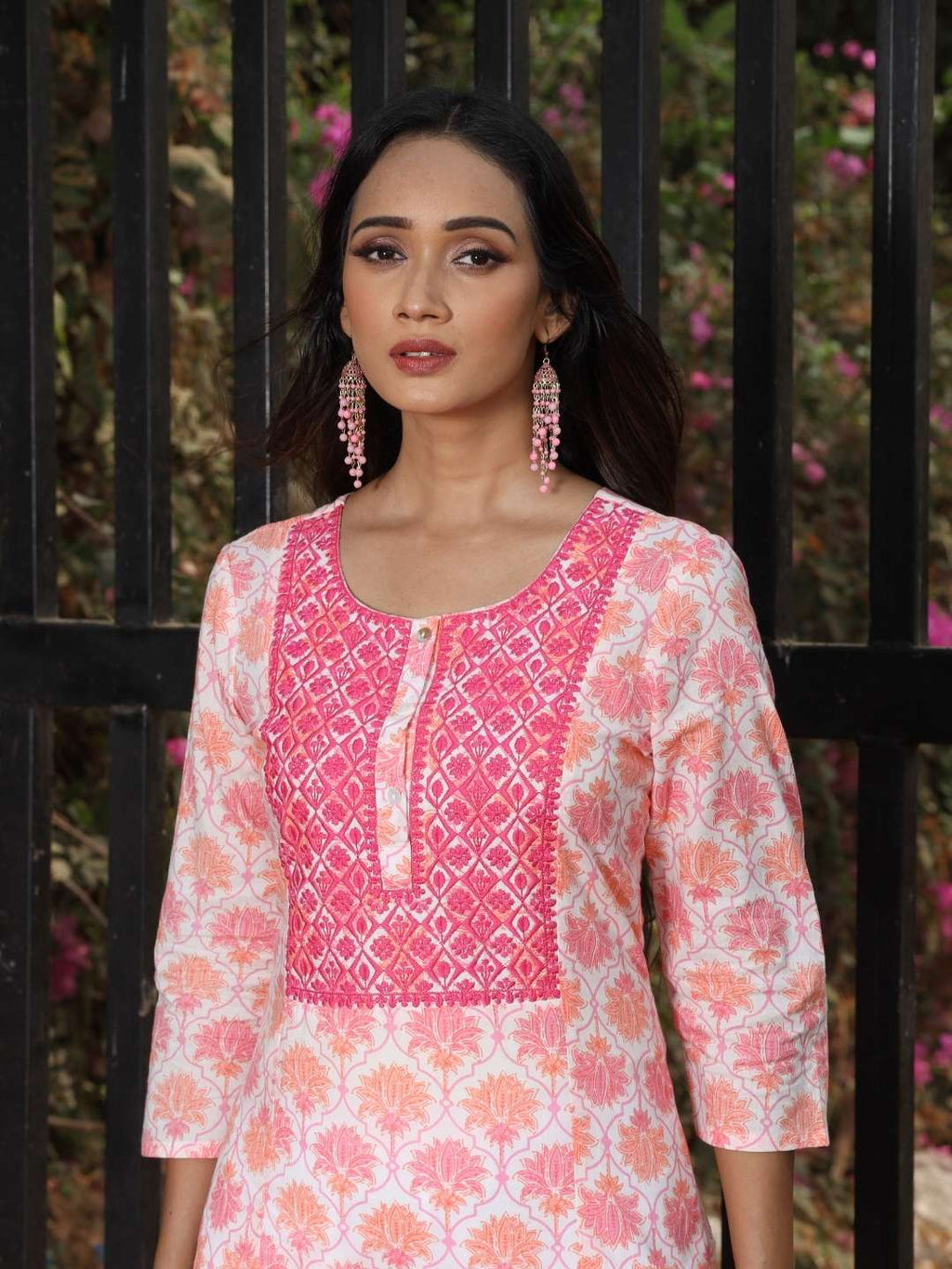White-Pink Lotus Print Kurta with Yoke Embroidery