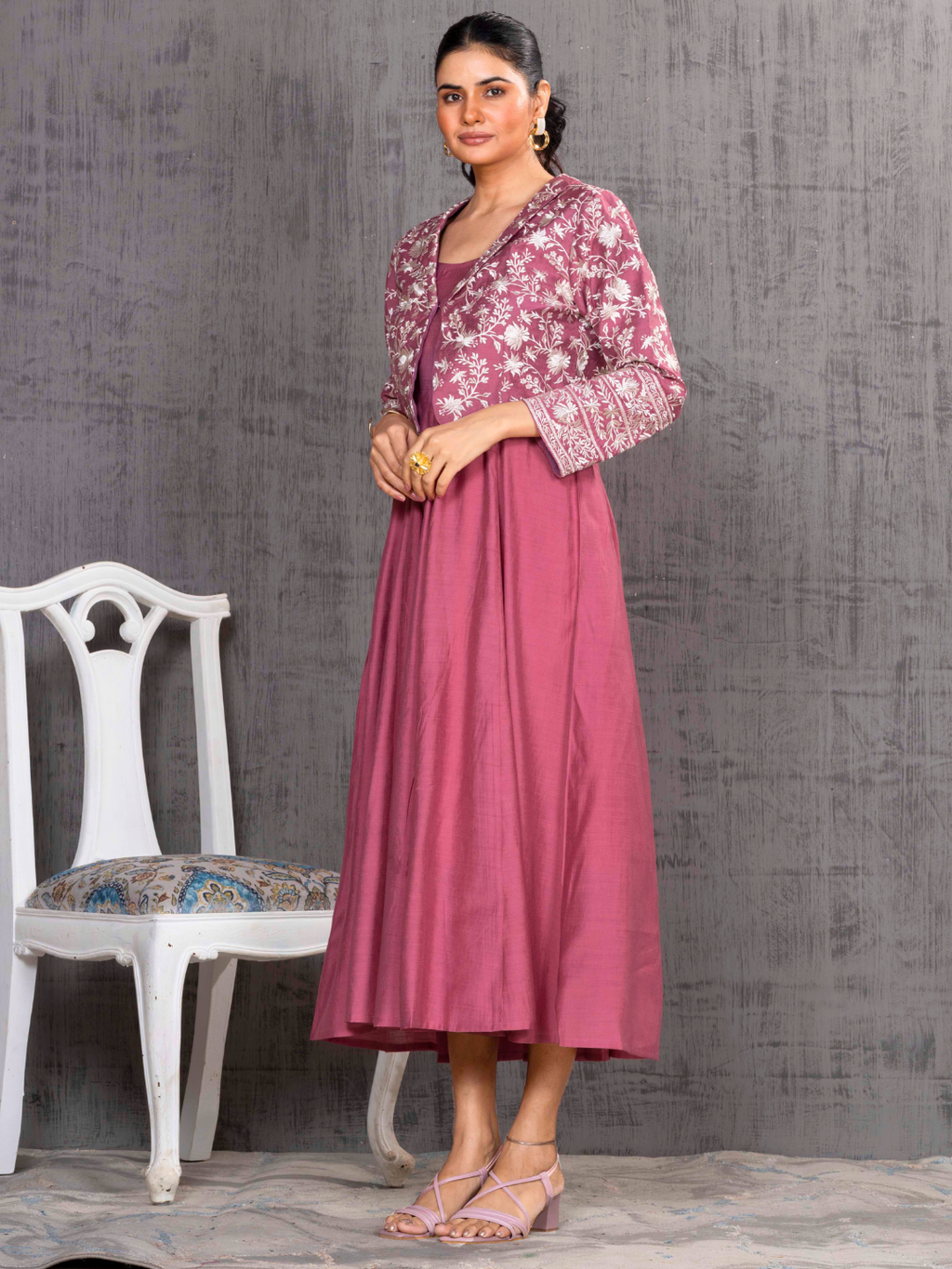 Rose Parsi Gara  Emb Pink Jacket With Dress Set