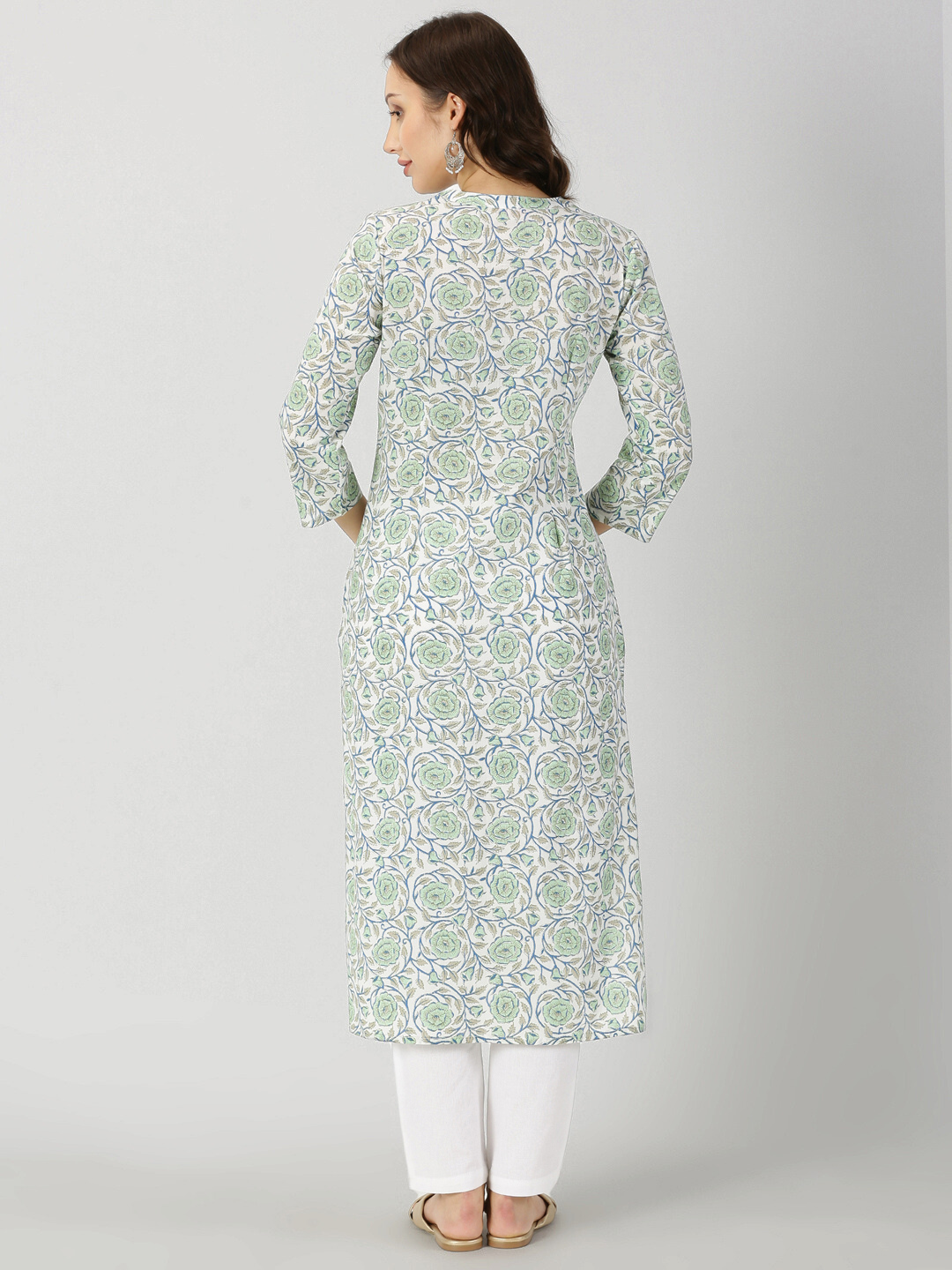 White-Green Floral Print Kurta with Neck Embroidery