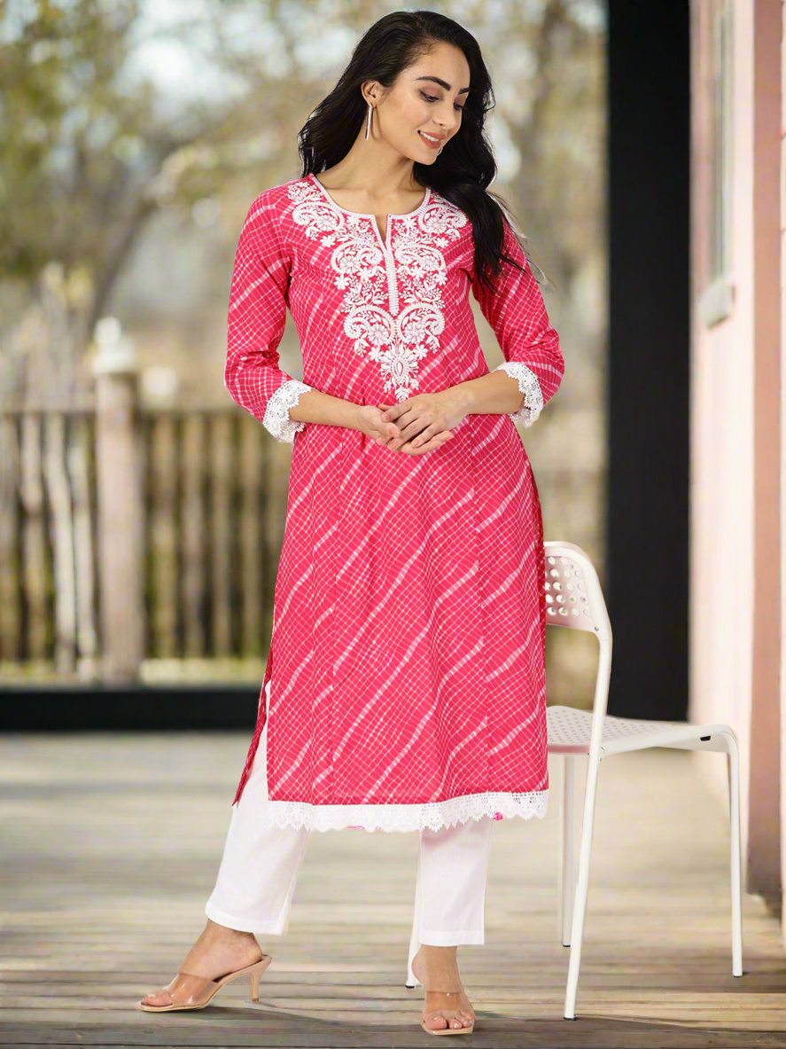 Fuchsia Leheriya Print Kurta with Chikankari Embroidery