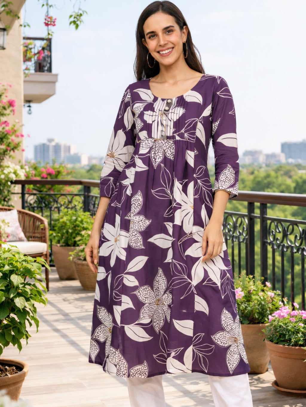 Purple Cotton Floral Printed Kurta with Pleats