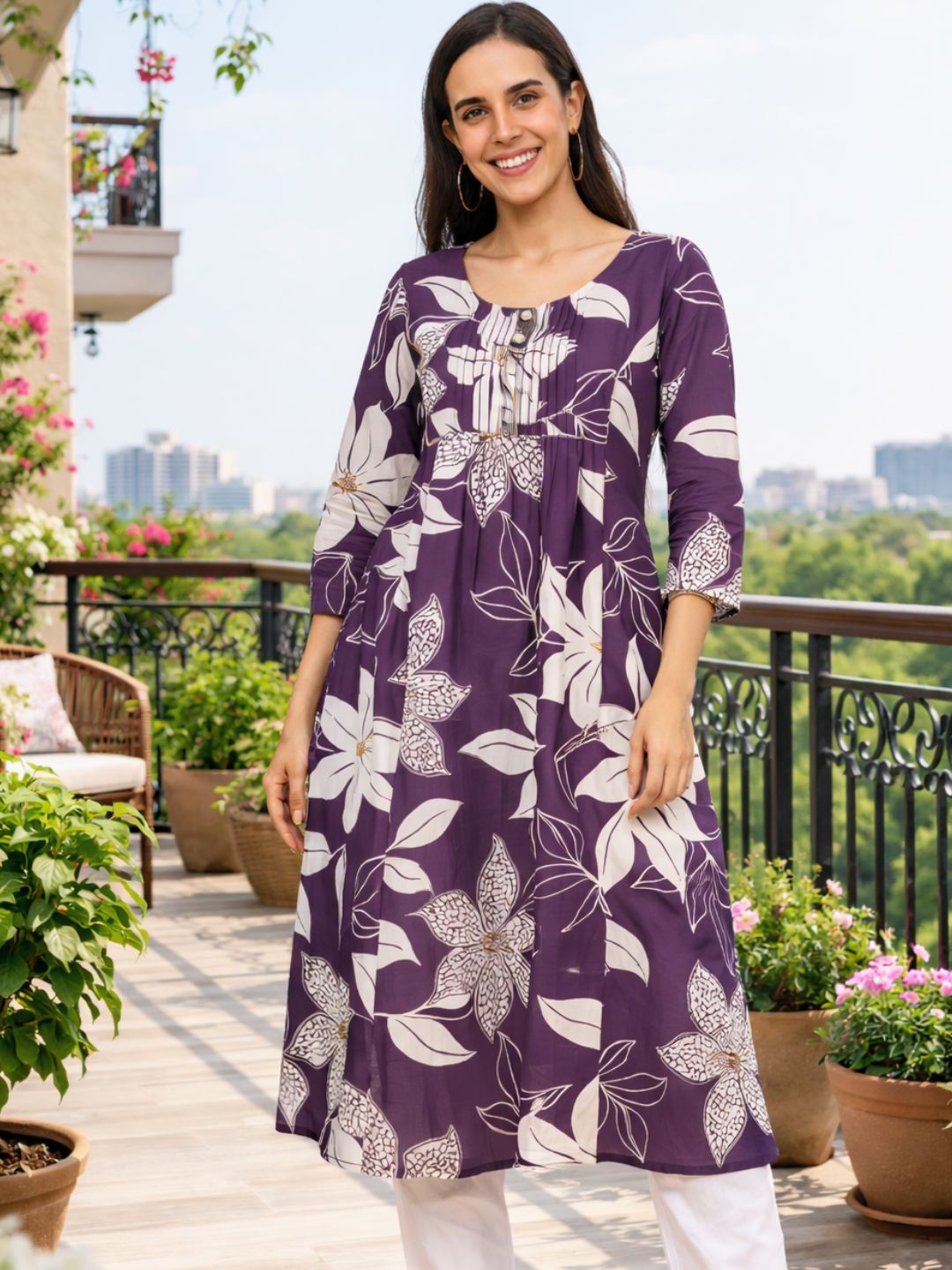 Purple Cotton Floral Printed Kurta with Pleats