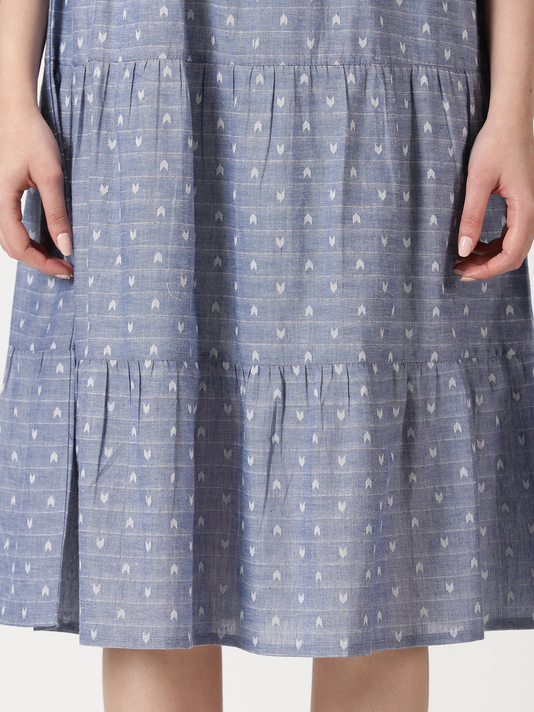 Blue Abstract Woven Design Tiered Midi Dress