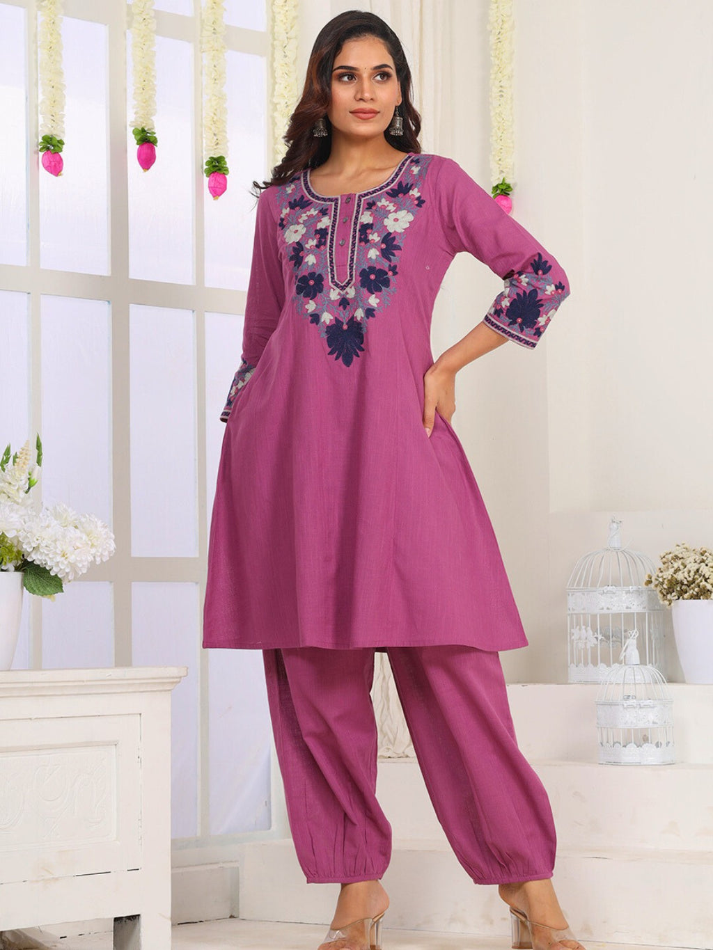 Mulberry Rose Kashida Embroidered A-Line Cotton Kurta Set with Salwar