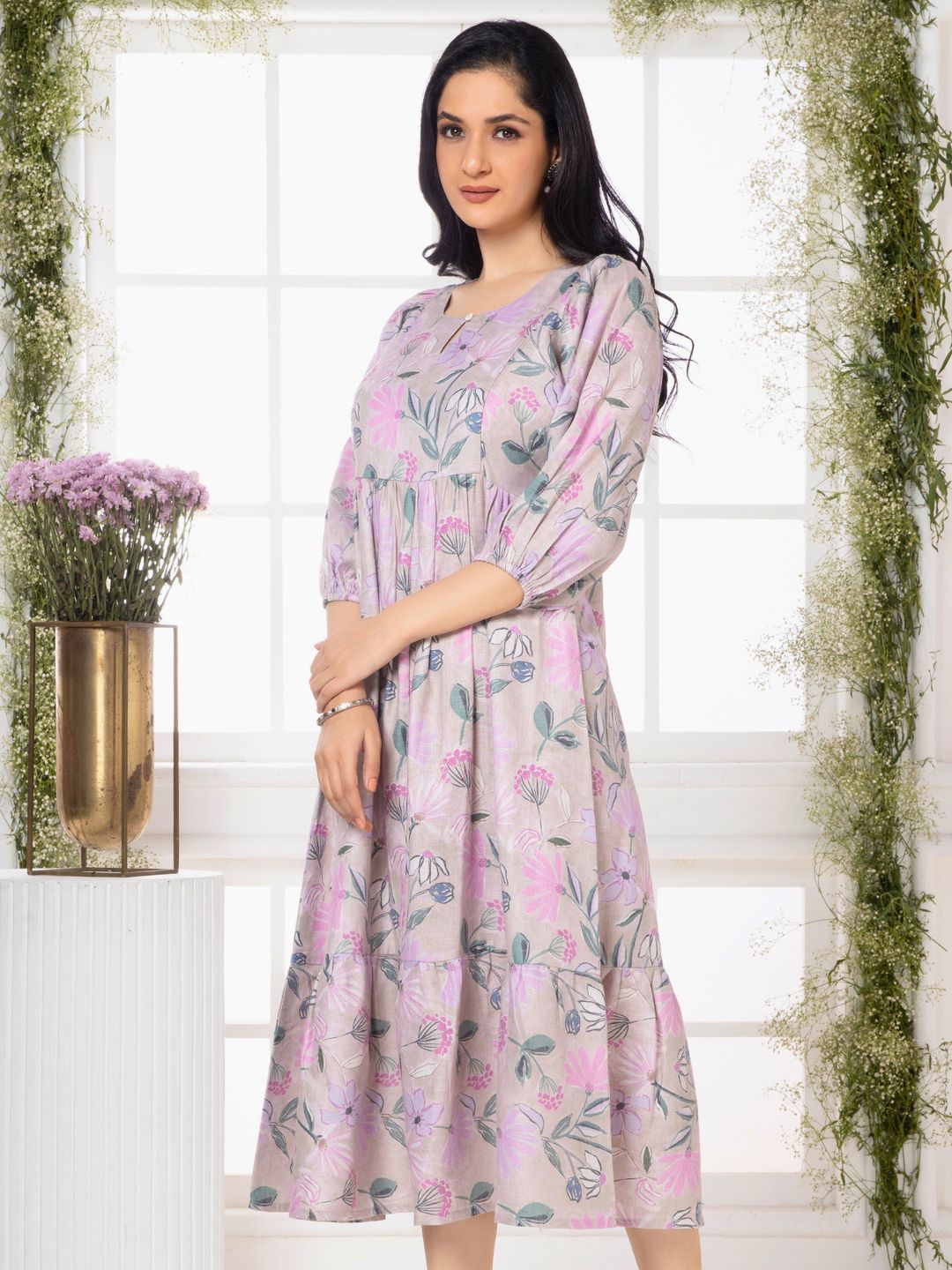 Periwinkle Lavender Florette Leaf Midi Dress