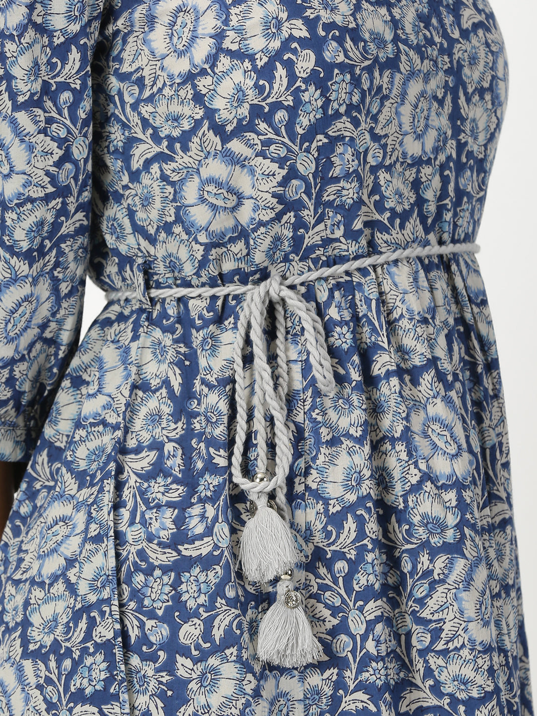 Blue Floral Print Boho Midi Dress with Belt
