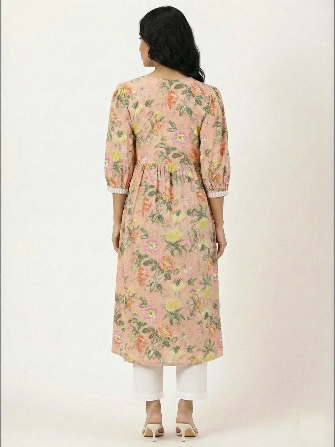 Peach Floral Print Kurta with Chikankari Embroidery