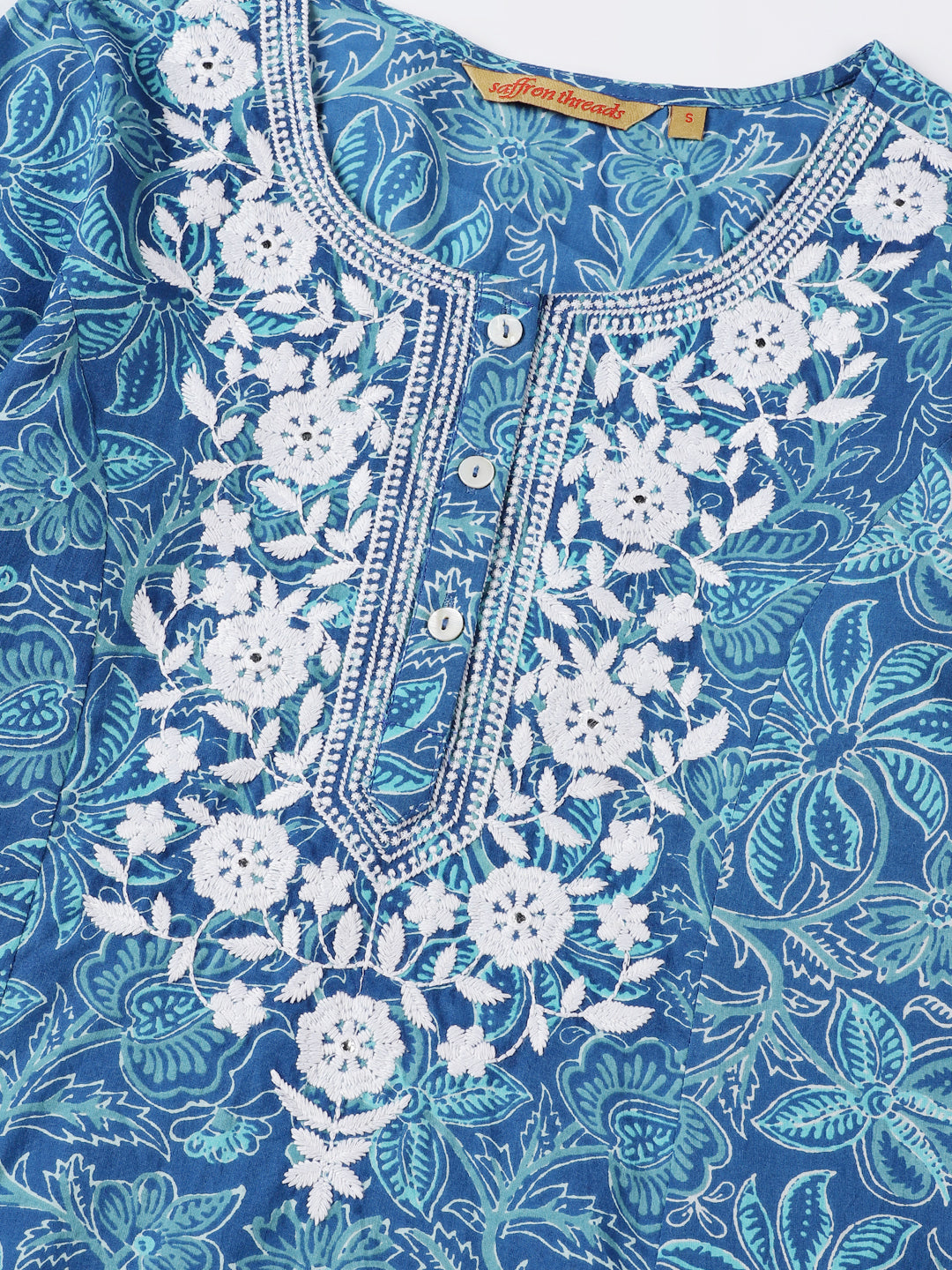 Blue Floral Print Cotton Kurta with Chikankari Yoke Embroidery