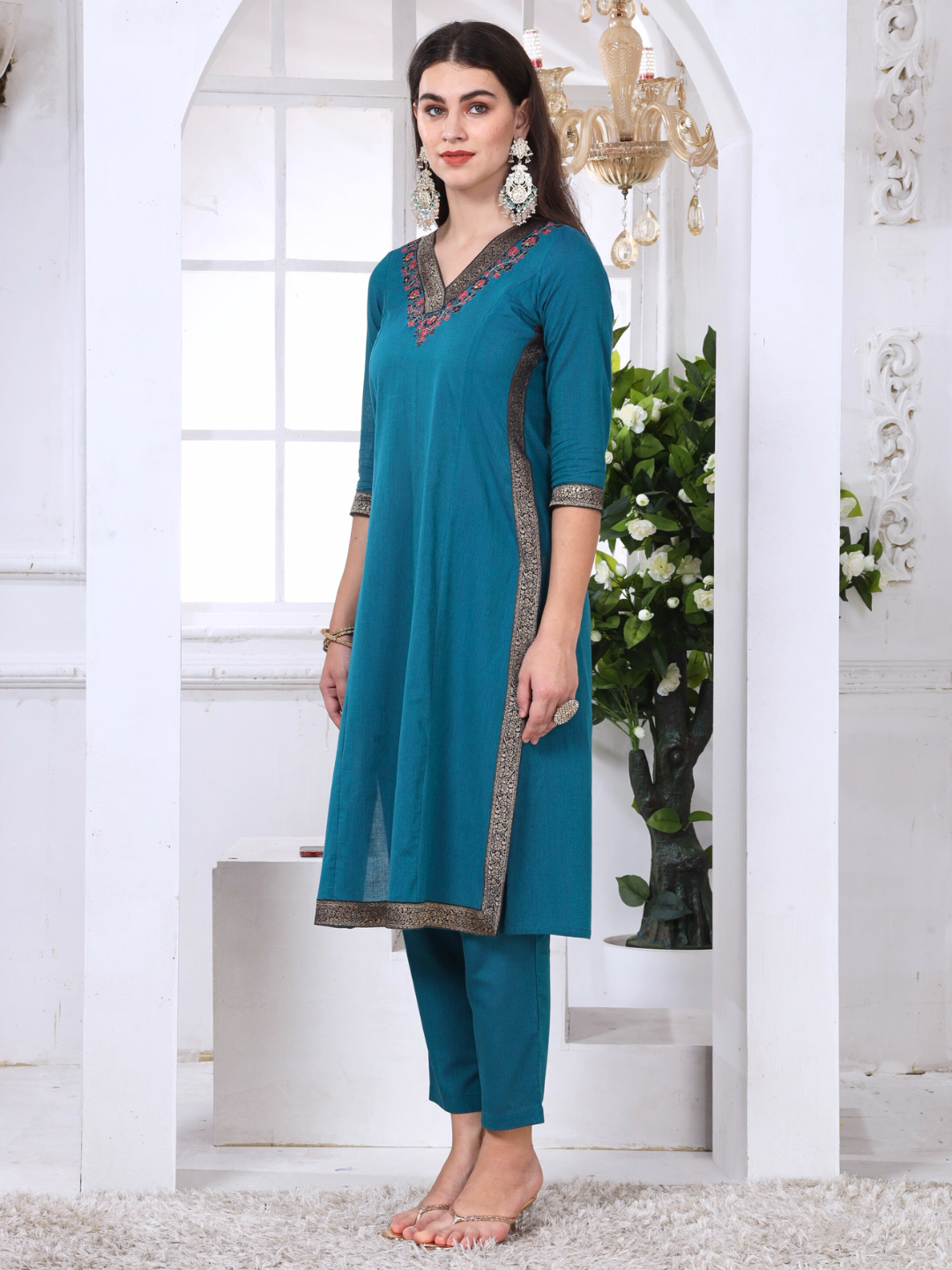 Blue Cotton Embroidered Kurta Set with Brocade Lace