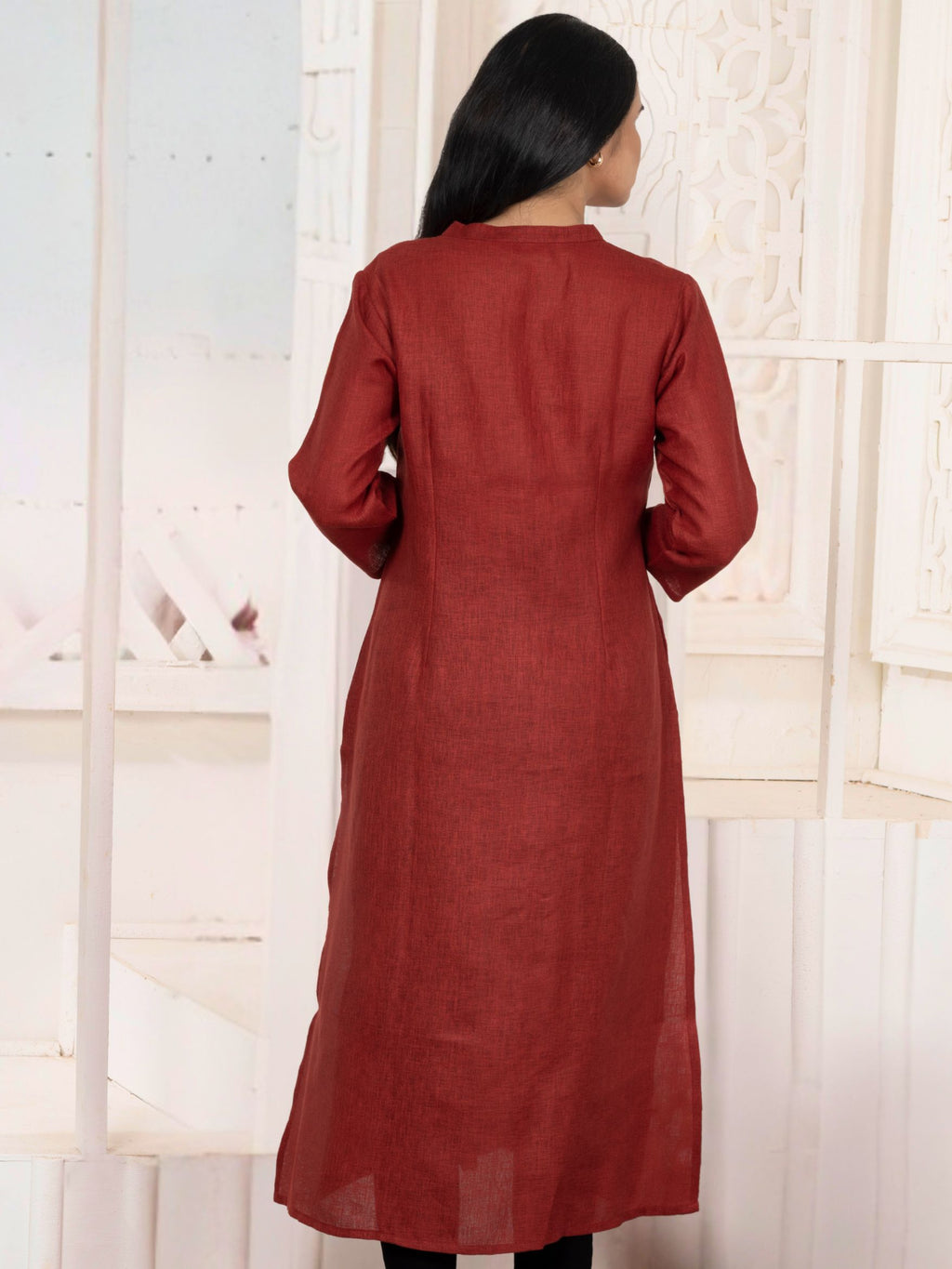 Auburn Red Vine-Trail Button-Down Kurta