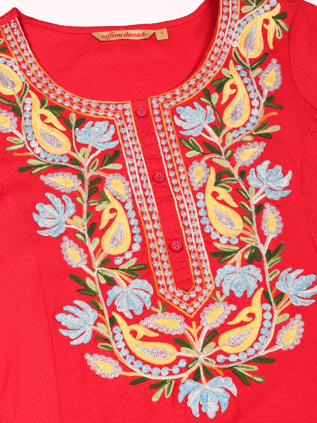 Red Self Design Kurta with Kashida Embroidery