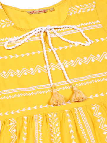 Yellow Embroidered Tiered Boho Midi Dress