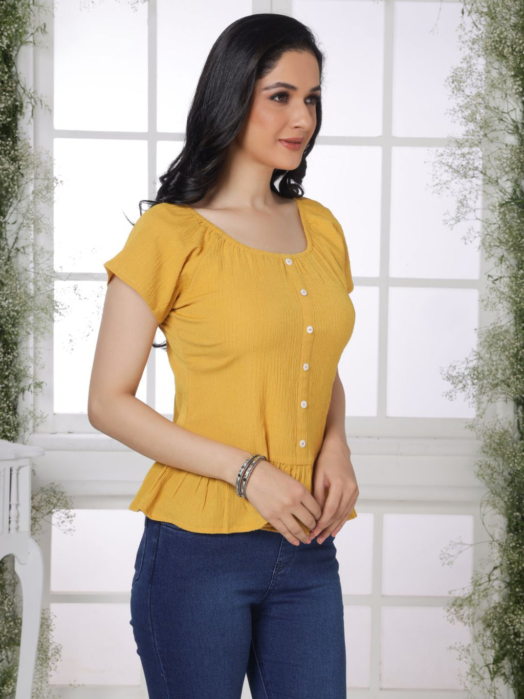 Bee Yellow Crinkled Peplum Top