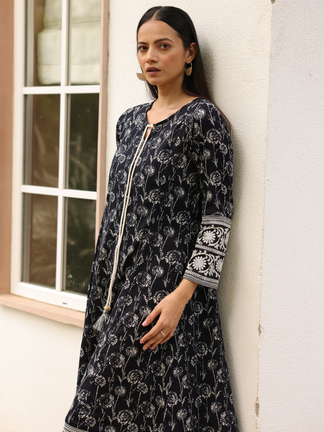 Black Cotton Embroidered Dress with Neck Tie-up