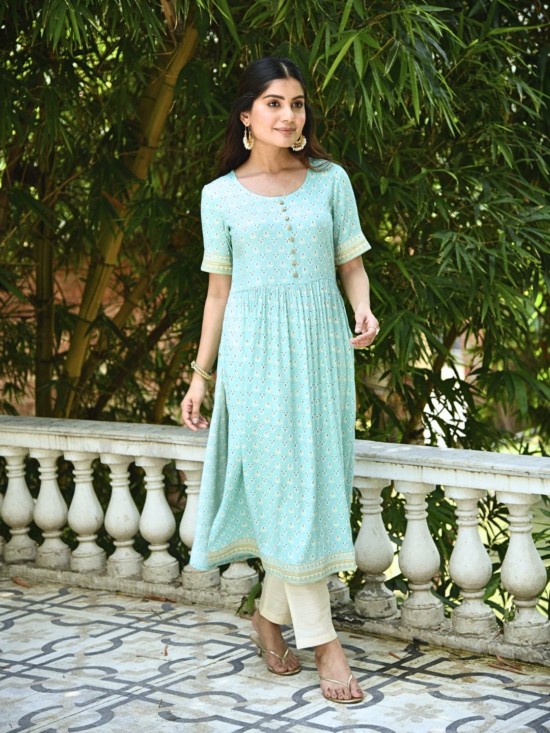 Sea Green Floral Print Kurta with Embroidery Border