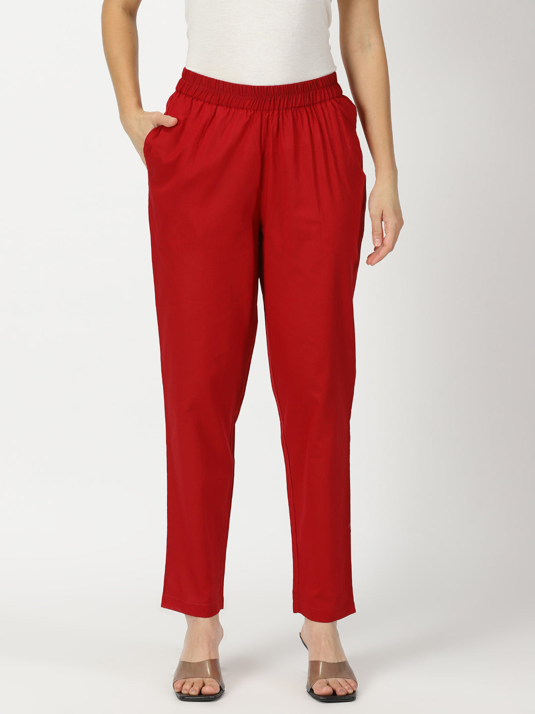 Red Cotton Straight Fit Slip-on Trouser