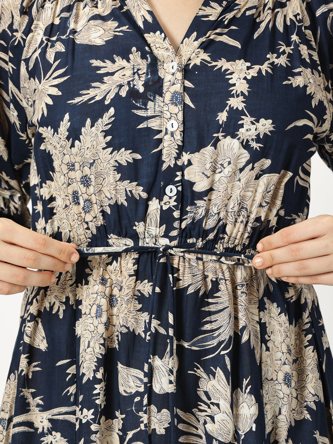 Navy Blue Tropical Print Cotton Dress with Waist Tie-up