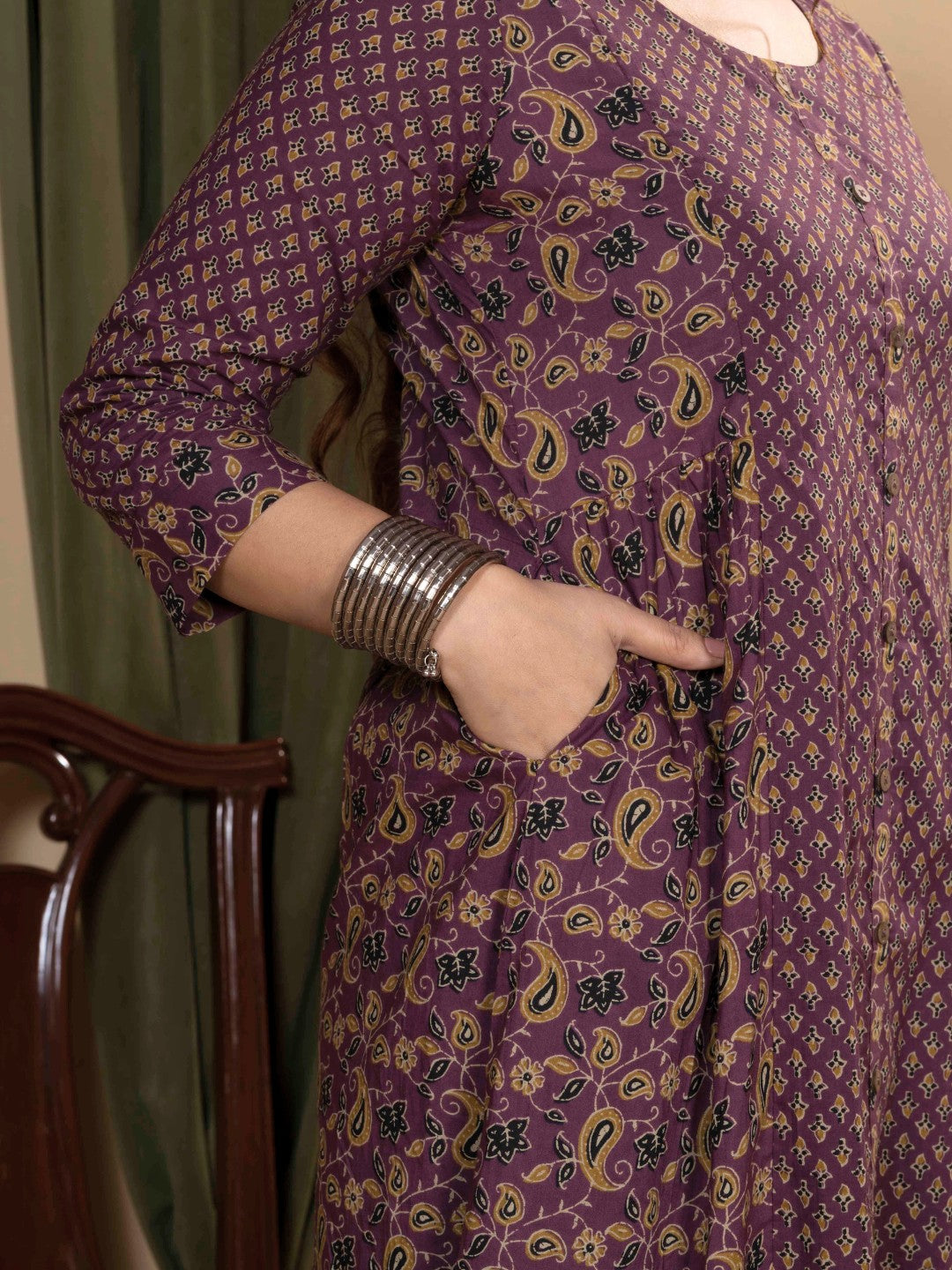Heritage Plum Printed A-Line Cotton Kurta