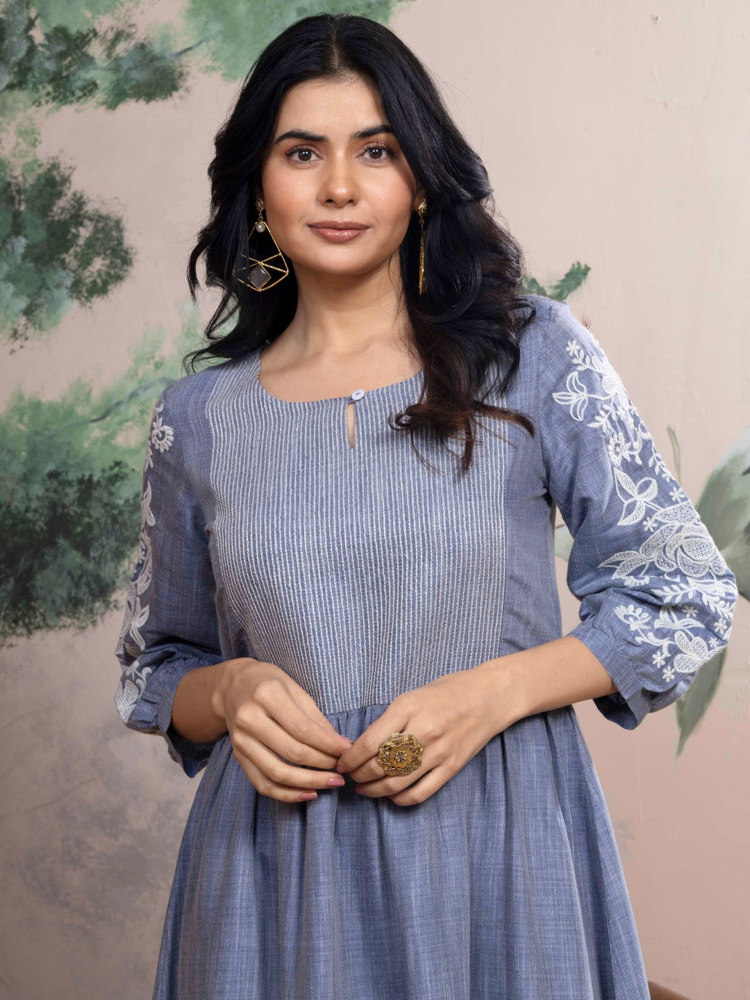 Shadow Blue Chambray Floral Embroidered Tiered Dress