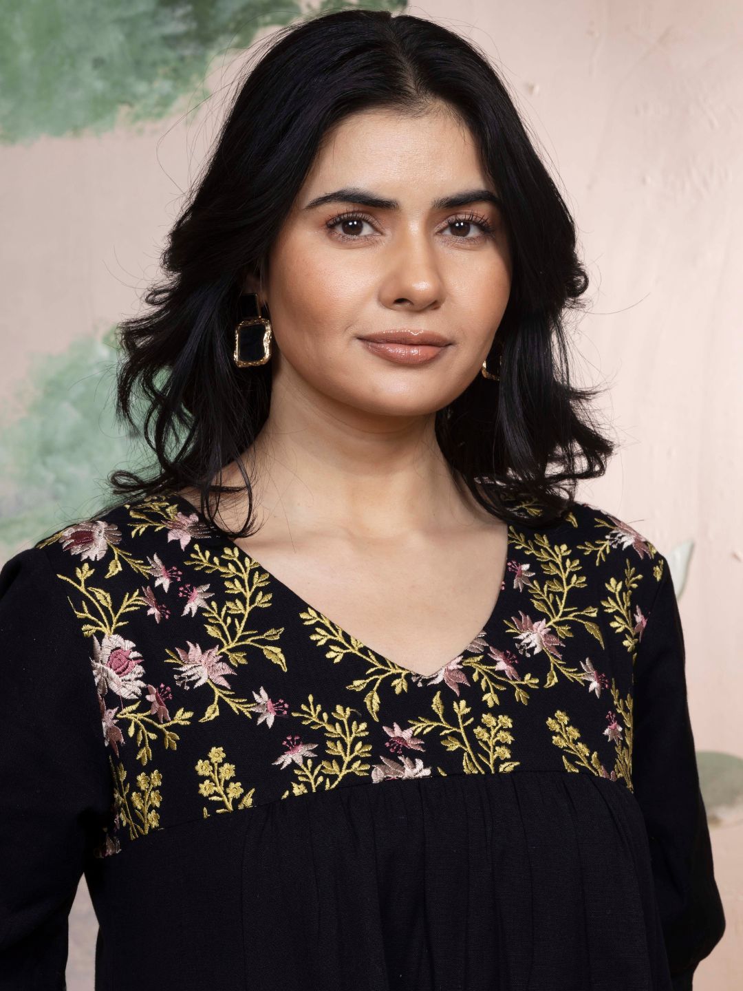 Midnight Black Cotton Linen Dress A-Line with Parsi Gara Inspired Embroidery