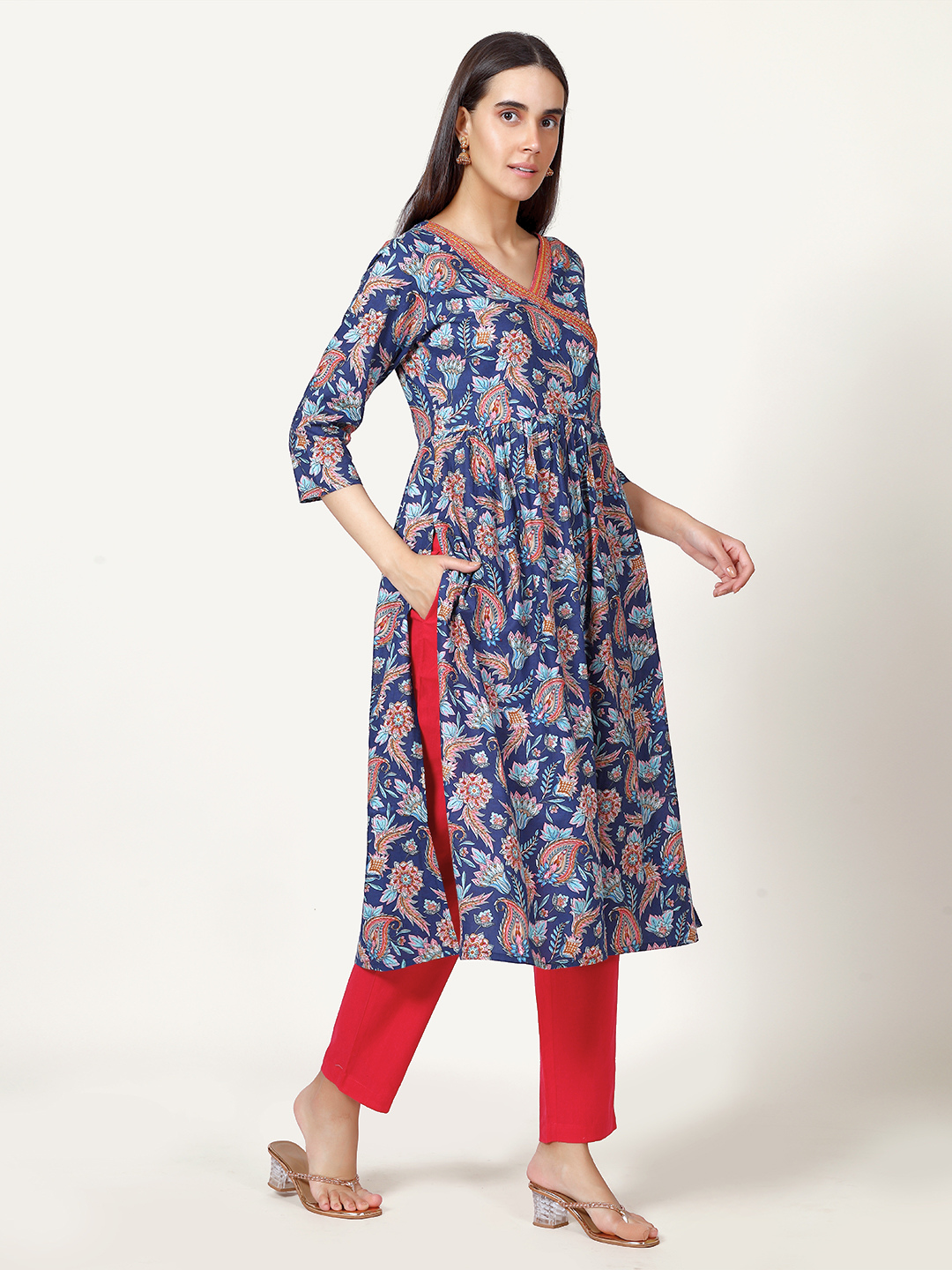 Navy Blue Paisley Print Angrakha Kurta with Mirror Embroidery and Gathers