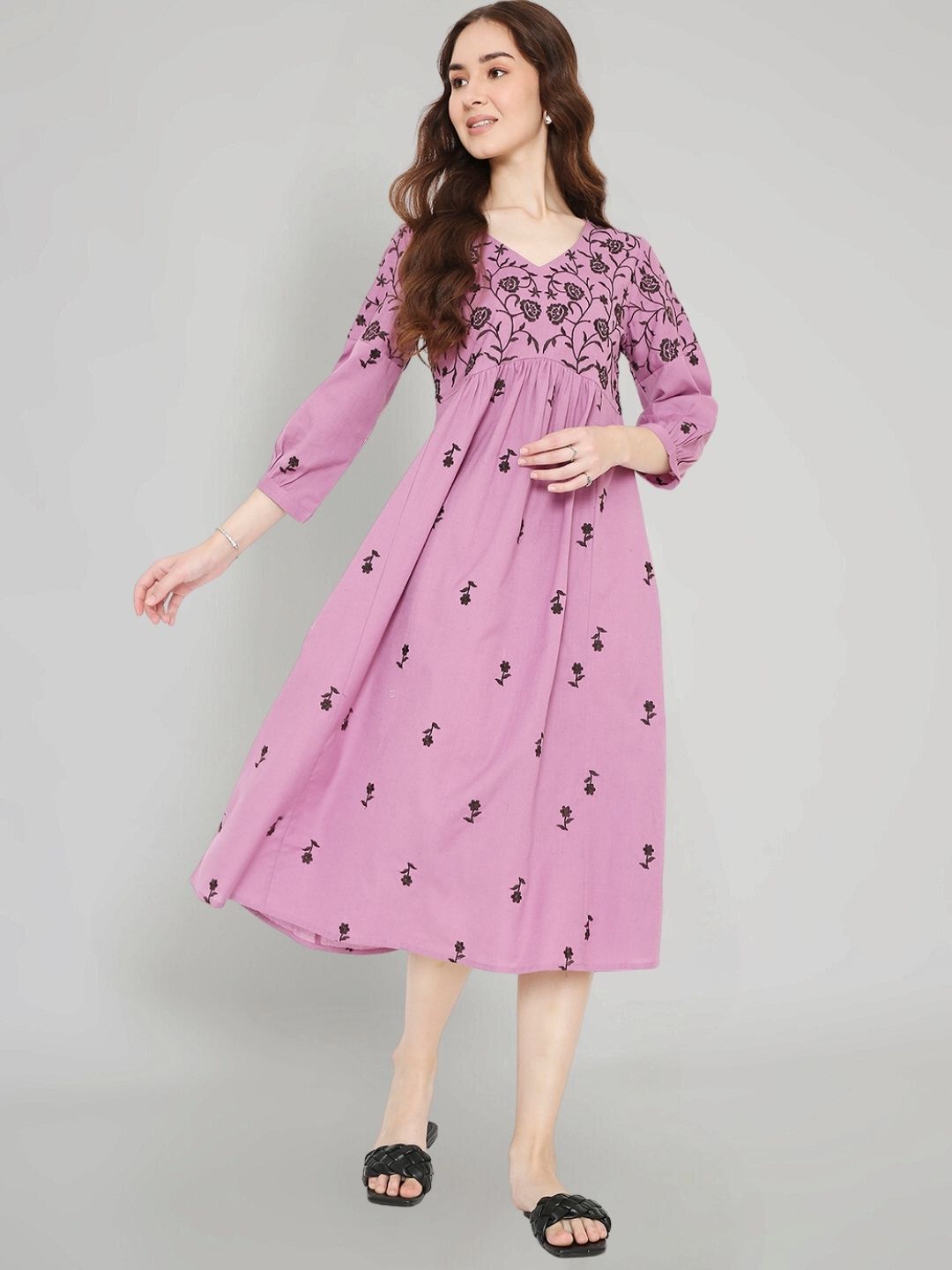 Mauve Boho Embroidered Cotton Midi Dress Saffron Threads Mauve Boho Embroidered Cotton Midi Dress Saffron Threads