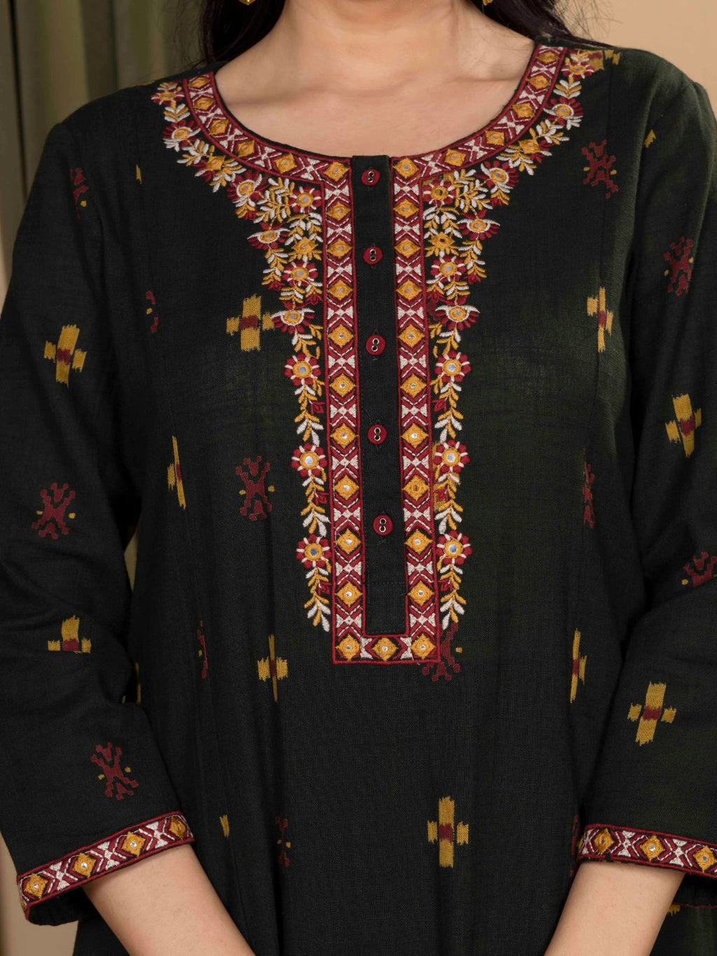 Forest Green Ikat Print Cotton Kurta with Embroidery