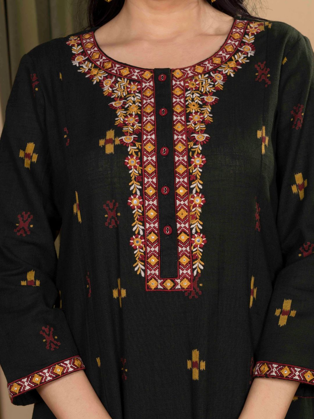 Forest Green Ikat Print Cotton Kurta with Embroidery