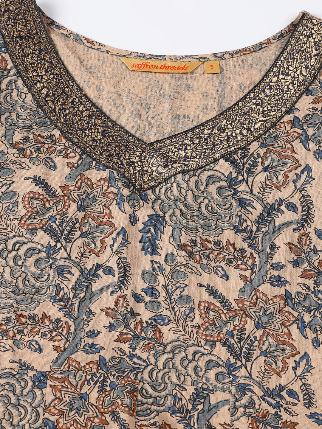 Beige Ethnic Floral Print Anarkali Kurta with Brocade Lace Details