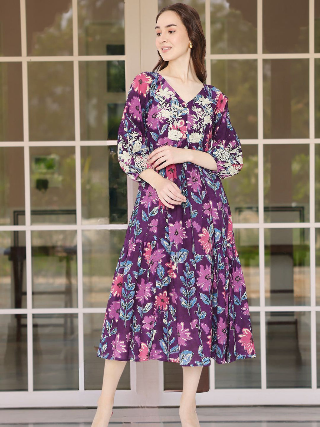 Purple Floral Print Cotton Dress with Neck Embroidery