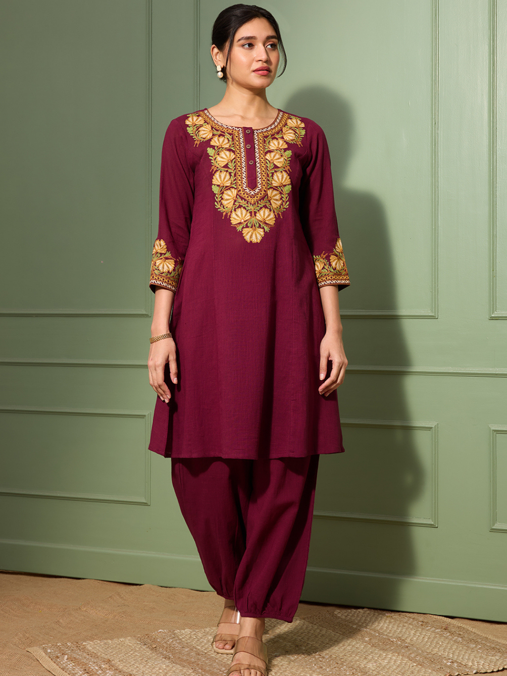 Merlot Wine Kashida Embroidered A-Line Cotton Kurta Set with Afghani Salwar